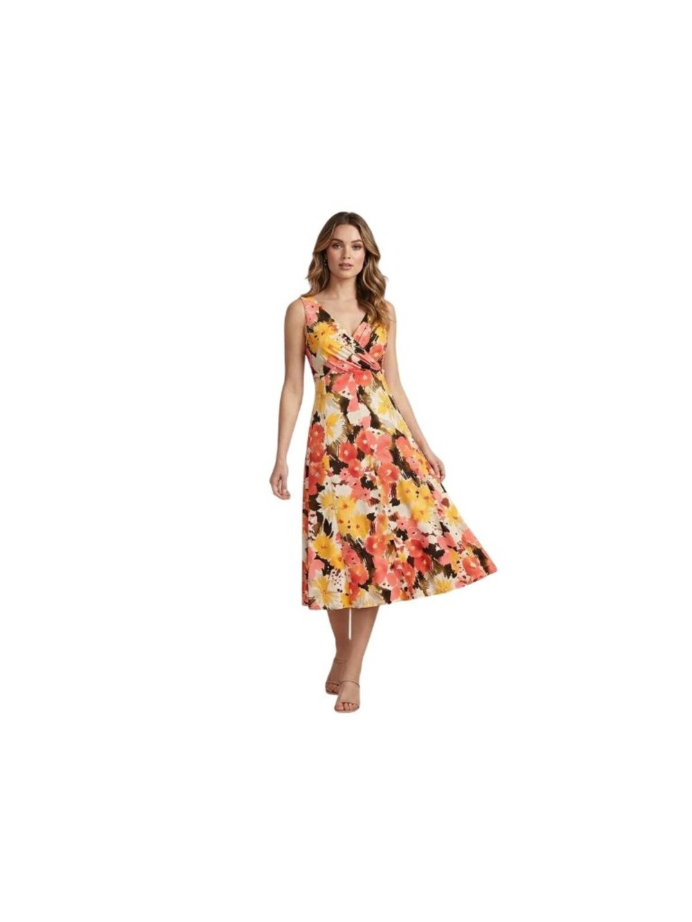 Jones Wear Floral Wrap Midi Dress Sz 14 Sleeveless Spring Wedding Guest